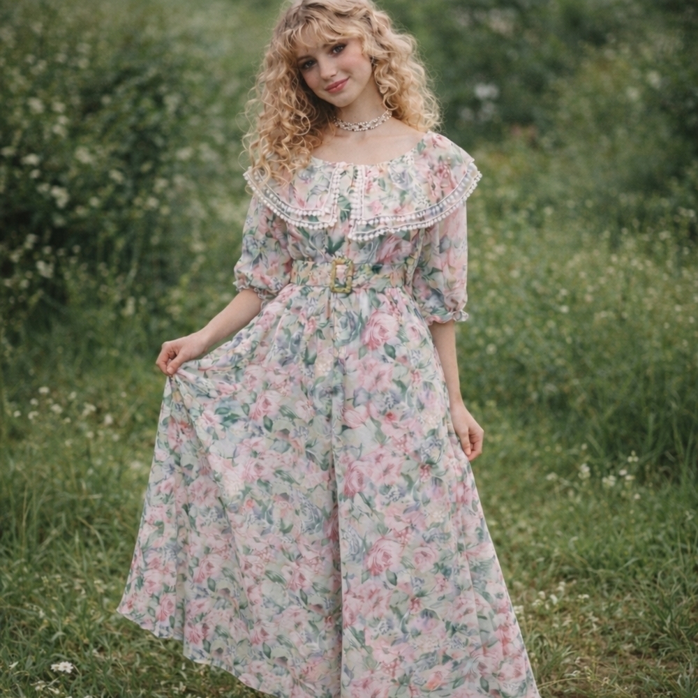 Vintage Floral Prairie Maxi Dress Lace Collar Cottagecore Romantic
